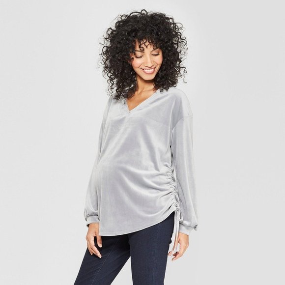 ISABEL Maternity Grey‎ Velour Side-Ruched VNeck Pullover Sz M - Picture 2 of 10